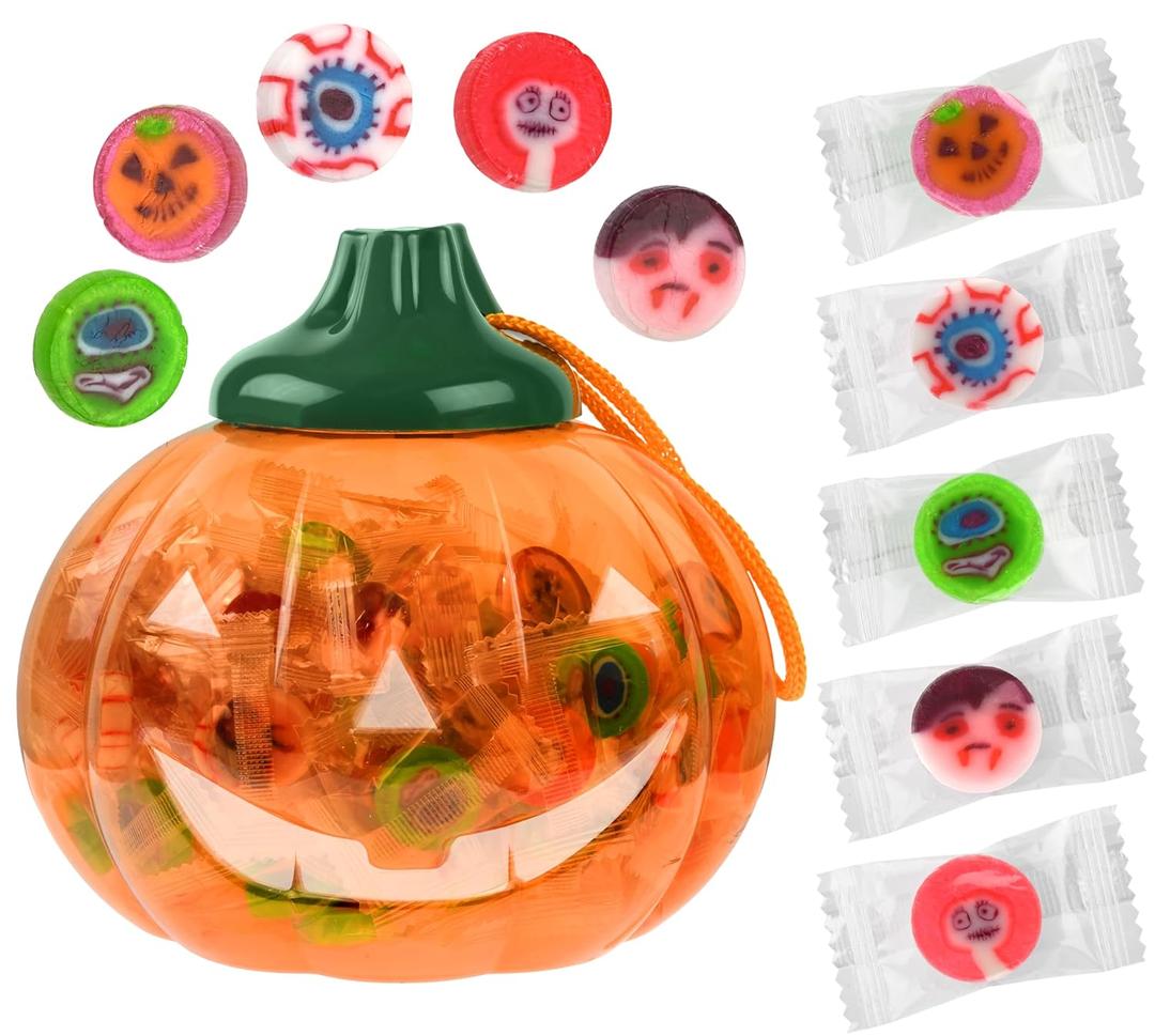 3 x 120 PCS Halloween Small Hard Candy  Packed in A Pumpkin Jar  Individually Wrapped Themed Colors & Designs  Trick Or Treat Candies - Bulk Candys Great Use, For Kids, Trick or Treat, Party Favor, Classrooms, Goodie Bags (Halloween) (EXP 06/18/27)