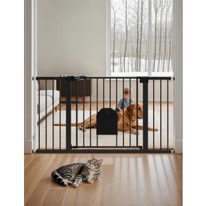 Babelio 36-56" Extra Wide Auto Close Baby Gate with Cat Door, Pet Gate Indoor with Extra Wide Walk Thru Door, Metal Dog Gate for Doorway, Stairs, Includes 4 Wall Cups and 3 Extension Pieces, Black