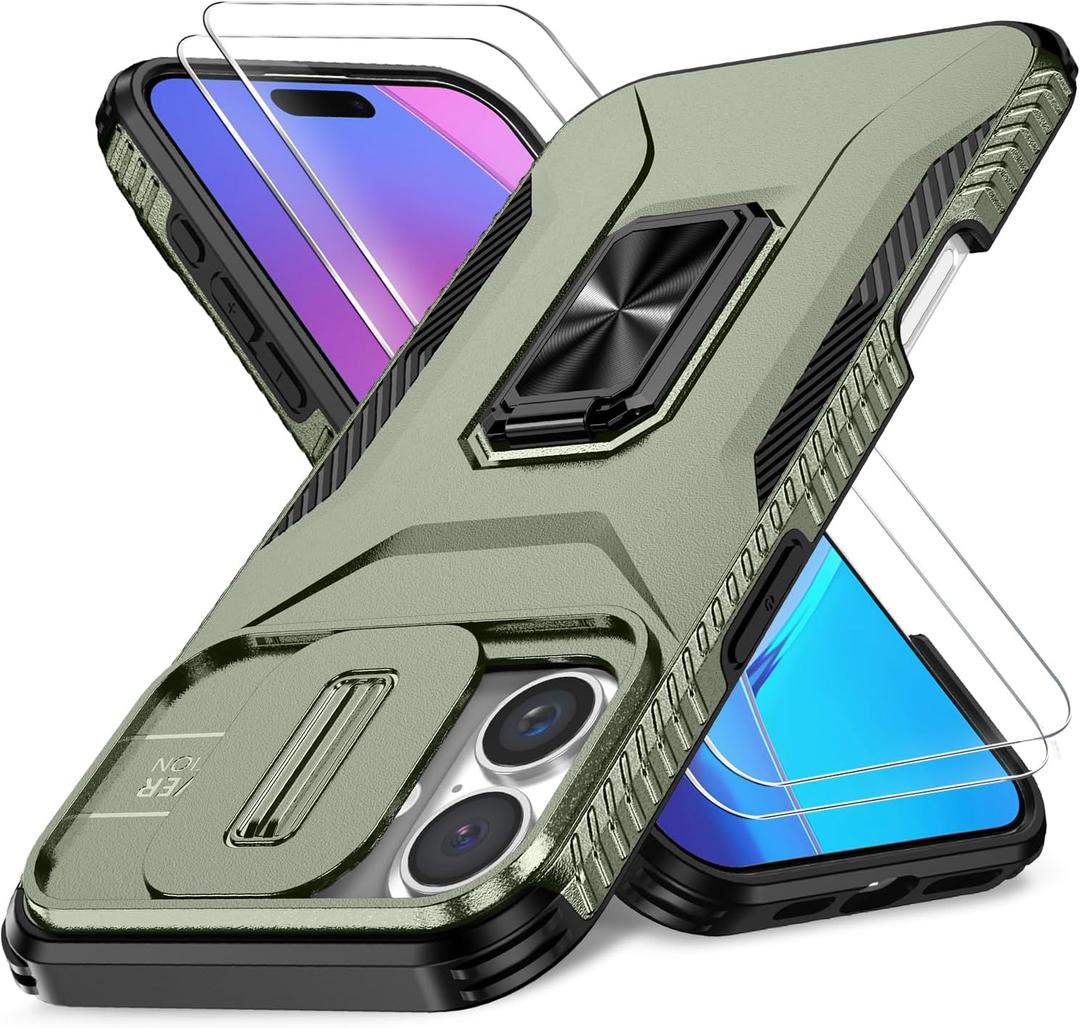 Case for iPhone 16 Plus with Slide Camera Cover+Screen Protector(2 Packs), Military Grade Shockproof Protective Cover, Rotated Ring Kickstand(A - Green)