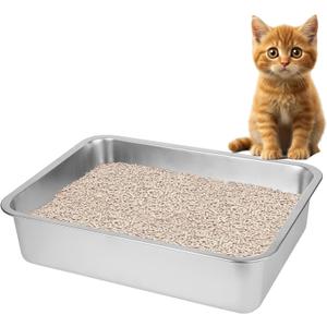Stainless Steel Cat Litter Box for Big Cats,Small Stainless Steel,Large Metal Cat Litter Box-Easy to Clean.(17.5" L x 13.6" W x 4.1" H).