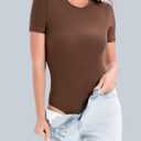 Women's Crew Neck Short Sleeve Bodysuit Slimming Fit T-Shirt Body suit Top Neutral Collection (Medium, Cafe Brown)