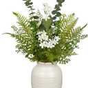 Artificial Floral Arrangement with Ceramic Vase - 15.4" Faux Greenery & White Flowers | Fern | Eucalyptus Leaves Fake Table Centerpiece in Vintage Vase for Home Office Living Room Bedroom Indoor Decor