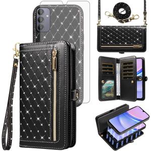 Asuwish Phone Case for Samsung Galaxy A15 5G/4G Zipper Wallet Detachable Magnetic Cell Cover with Tempered Glass Screen Protector Crossbody Strap Bling Flip Credit Card Holder A 15 G5 15A Women Black