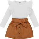 AMAWMW Toddler Baby Girl Fall Winter Clothes Long Sleeve Ruffle Shirt Corduroy Mini Skirt Infant Girl A-line Dress (12-18 Months, A White + Brown)