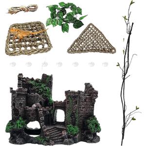 Tank Accessories for Bearded Dragon Include Resin Classical Castle Reptile Hammocks Climb Habitat Hanging Jungle Vines Flexible Leaves Climbing Decor for Chameleon Lizard Gecko Spider(5 PCS)