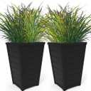 Keter Set of 2 Resin Modern Outdoor 22 Inch Tall Large Flower Pots, Tapered Wood Look Planters for Outdoor Plants and Front Porch Decor, Graphite