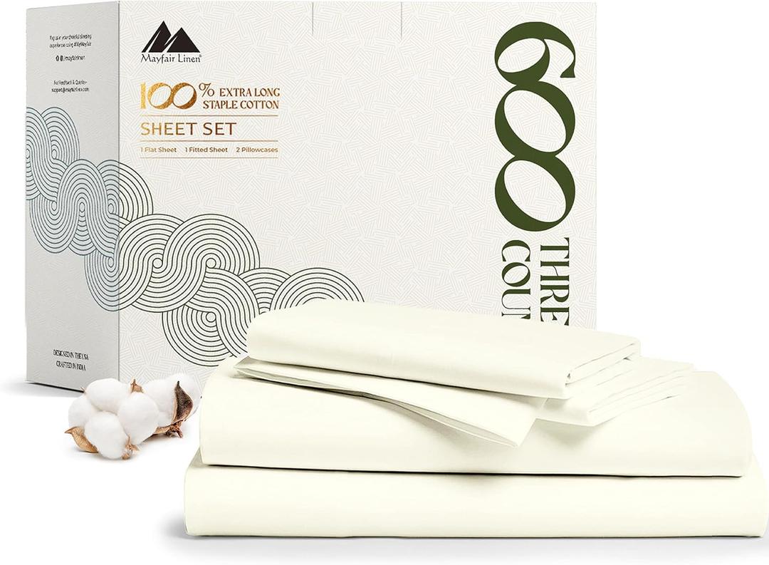 Mayfair Linen 100% Egyptian Cotton Sheets Full Size Bed Set - 4 PC 600 Thread Count Full Sheets Set Egyptian Cotton (Ivory), Ultra Soft, Cooling, 16" Deep Pocket Sateen Weave Luxury Hotel Bedsheet