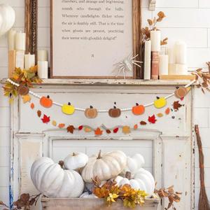 3 x 2Pcs Fall Decorations Harvest Wood Bead Garland, Yellow Orange Brown Felt Pumpkin Paper Maple Leaf Banner Rustic Fall Room Dcor for Fireplace Mantle Shelf Wall Thanksgiving Party Home Decor, 48"