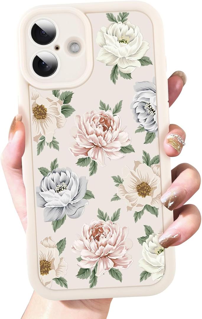 OOK Case for iPhone 16 Cases Cute Flower Floral Pattern Design for Girls Women Soft Silicone Camera Lens Protective Phone Cover for iPhone 16 6.1 Inch White