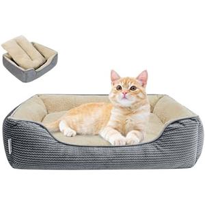 Miguel Washable Cat Beds for Indoor Cats with Removable Cushion/Pillow, Easy to Wash Small Dog Bed with Side, Large Rectangle Kitten Bed Cuddle Puppy Bed with Anti-Slip Bottom, Gray 20 Inch