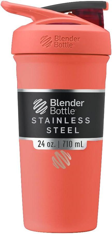 BlenderBottle Sport Shaker Cup Insulated Stainless Steel Water Bottle with Wire Whisk, 24-Ounce, Full Color Coral