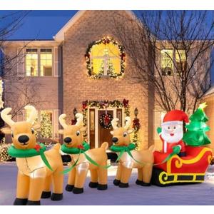 Sizonjoy Outdoor Christmas Inflatables Decorations,13 FT Lighted Christmas Inflatables Santa Claus on Sleigh with 3 Reindeer & Christmas Tree for Indoor Outdoor Home Holiday Yard Decorations