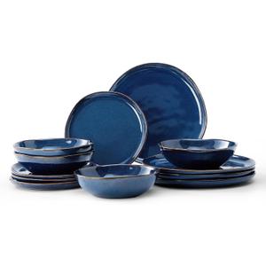 Bestone 12 Pieces Round Kitchen Dinnerware SetsPlates and Bowls Sets,Dishes, Plates, Bowls, Dish Set, Chip Resistant Ceramic Dinnerware Set, Dishwasher/Microwave Safe,Service for 4,Cobalt Blue