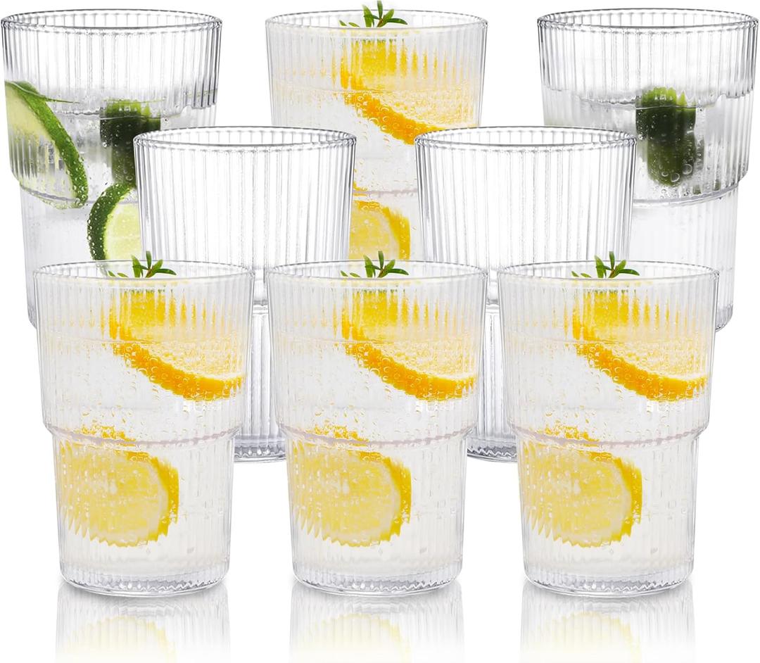 RLWY 17oz Shatterproof Ribbed Glasses, Plastic Tumblers for Poolside  Clear Acrylic Cups, Stackable & Reusable, Dishwasher Safe Drinkware  Set of 8