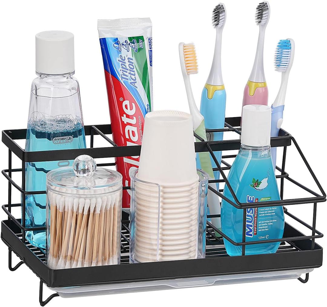 Bathroom Countertop Organizer, Stainless Steel 7 Slots Electric Toothbrush and Toothpaste Holder Drainage for Bathroom Accessories Organization Counter Vanity Storage, Black
