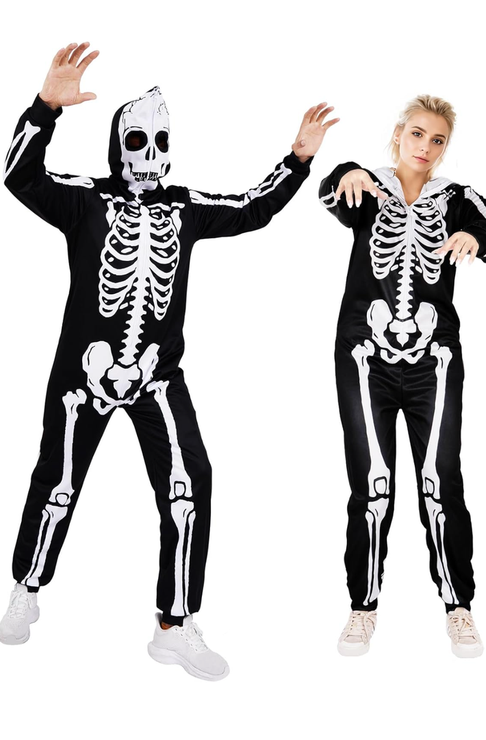 Halloween Skeleton Costume, Printed Hooded Zipper for Men & Women, Pajama for Halloween Party, XXL