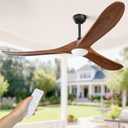 Obabala 60" Outdoor Ceiling Fan with Light and Remote, Solid Wood 3-Blade Ceiling Fan with DC Motor for Patio and Farmhouse, Dark Walnut, 60in