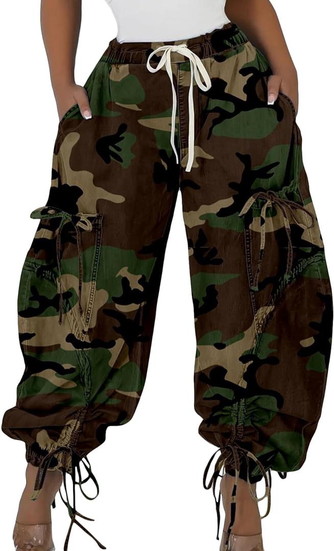 Kwunbwa Women's Baggy Cargo Jogger Jeans Barrel High Waisted Wide Leg Drawstring Y2K Loose Harem Denim Pants with Pockets (X-Large, Camo)