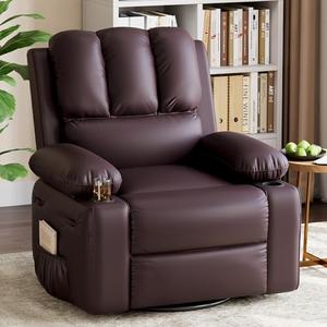 Oversized Recliner Chairs with Massage and Heat, Leather Recliner Chair for Adults, Manual Chair with Cup Holder for Living Room, Bedroom and Nursery (Coffee)