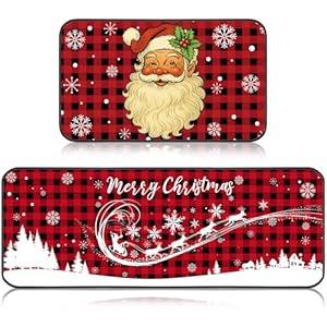 Christmas Kitchen Rugs Sets of 2 Red Buffalo Plaid Santa Claus Snowflakes Deer Non Slip Floor Kitchen Mats Low Profile Winter Decorative Christmas Rug for Indoor Home Decorations, 17x29 and 17x47 Inch