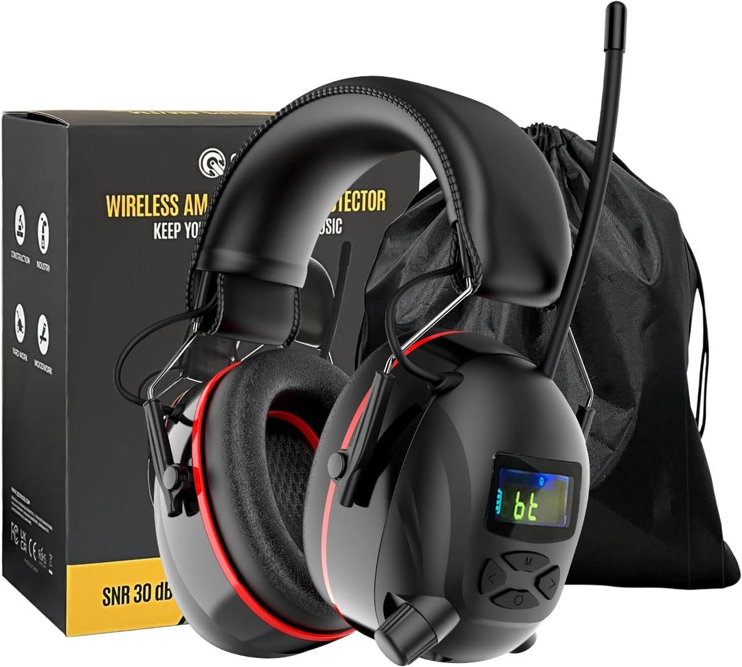 Bluetooth 5.4 Hearing Protection AM FM Radio Headphones with Digital Display, 30 SNR Noise Reduction Safety Earmuffs with Rechargeable 2000 mAh Large Battery, Ear Protector for Mowing Lawn Work (Black)