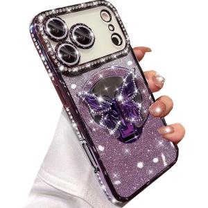 Changjia Magnetic Glitter Case for iPhone 17 Pro,[Compatible with MagSafe] Cute Bling Sparkly Diamond with Camera Protector &Butterfly Kickstand&Makeup Mirror Women Girls Case for iPhone 17 Pro,Purple