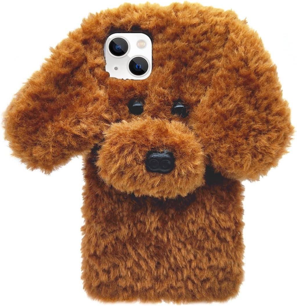 Losin Compatible with iPhone 15 Plus Case Cute Plush Furry Dog Phone Case for Women Girls Girly 3D Cartoon Kawaii Case Soft TPU Shockproof Protective Cover Compatible with iPhone 15 Plus, Brown