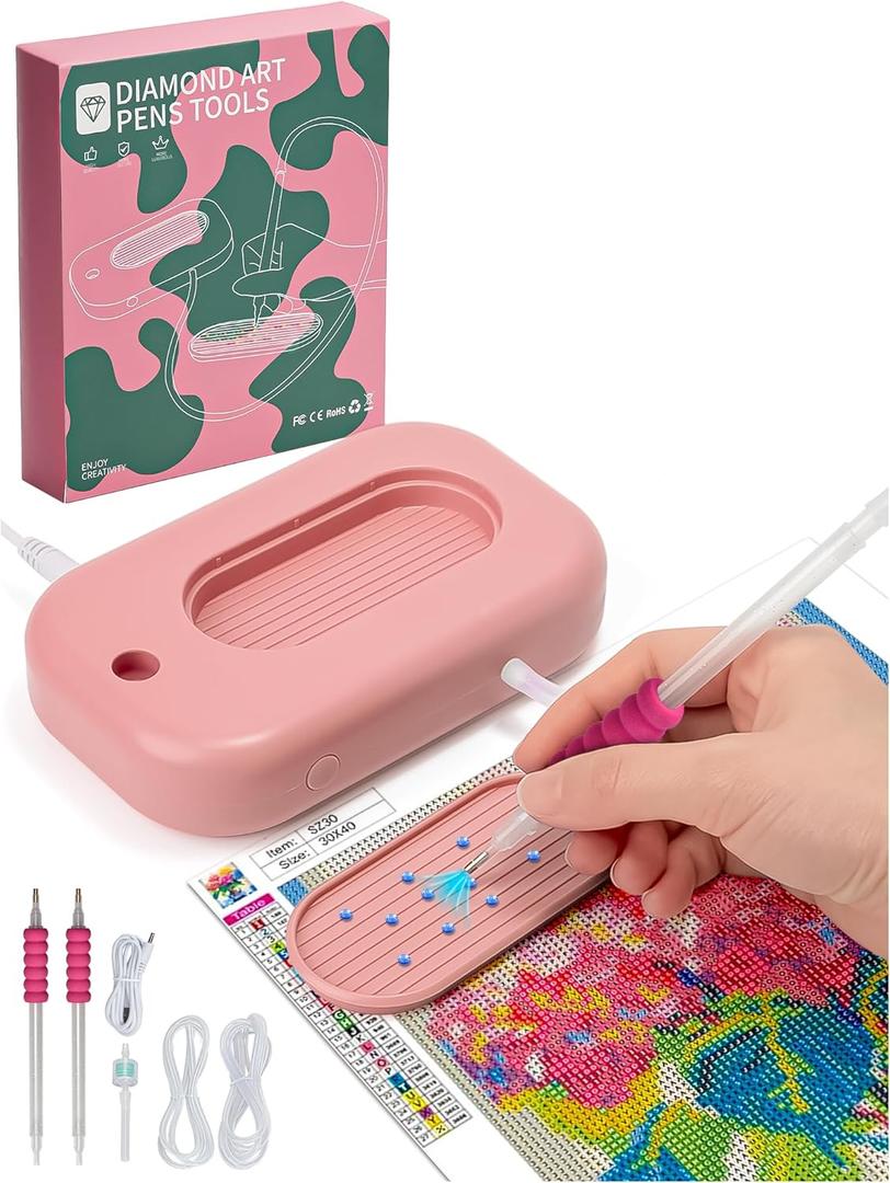 Minyii Diamond Painting Pen,Electric 3 Level Suction, for Setting AB Stones Without Wax, Painting Accessories with Storage, for All Anyone who Loves Diamond Painting - Light Pink