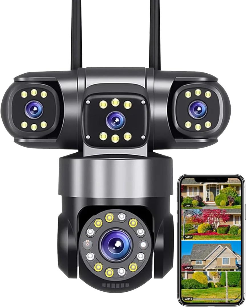 4-Lens Security Cameras Wireless for Home Surveillance Outdoor, Indoor, 4 * 2MP FHD Resolution, PTZ 360Coverage, WiFi Connection, 2-Way Audio Talk, Color Night Vision, AI Motion Detecting