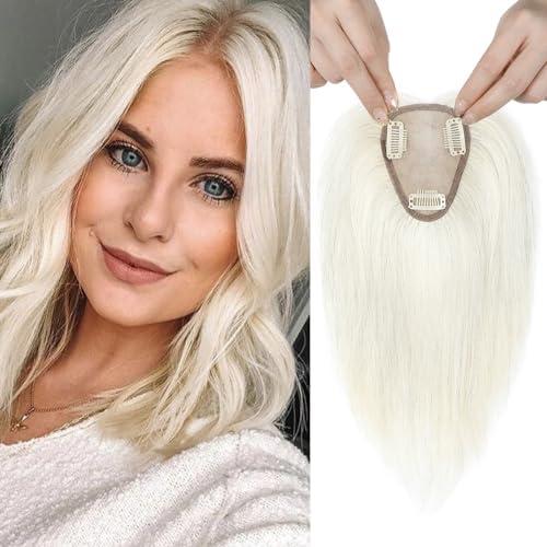 REECHO Real Human Hair Topper, 10 inch Women Hair Toppers for Thinning Hair, 100 Percent Human Hair Large Coverage Natural Hairpiece Wiglet, Waterdrop Base 2.5"x4", Silver White