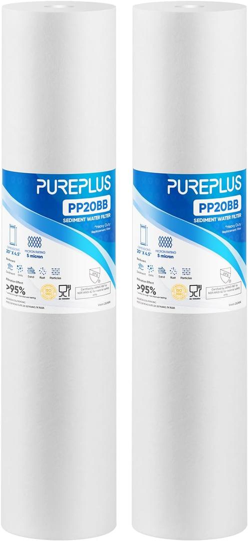 PUREPLUS 5 Micron 20" x 4.5" Whole House Sediment Home Water Filter Replacement Cartridge, Compatible with DGD-5005-20, FPMB5-20, AP810-2, 155358-43, SDC-45-2005, 2PP20BB1M, P5-20BB, FP25B, Pack of 2  PUREPLUS 5 Micron 20" x 4.5" Whole House Sediment Home Water Filter Replacement Cartridge, Compatible with DGD-5005-20, FPMB5-20, AP810-2, 155358-43, SDC-45-2005, 2PP20BB1M, P5-20BB, FP25B, Pack of 2