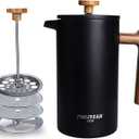 POLIVIAR French Press Coffee Maker, 34 Ounce Coffee Press with Real Wood Handle, Double Wall Insulation & Dual- Filter Screen, Food Grade Stainless Steel for Good Coffee and Tea (Vintage) (34 oz, Black)