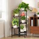 LASZOLA 5 Tiered Plant Stand Indoor Outdoor with Plastic Tray, Corner Folding Tall Flower Display Rack, Modern Plant Holder Shelf for Outdoor Patio Porch Garden Office Living Room, Black