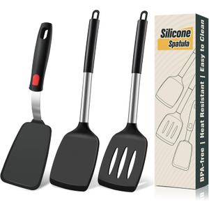 3 Pcs Silicone Spatula Set, Heat Resistant Solid & Slotted Turner for Non-Stick Pans, Silicone Cooking Utensils Set, BPA-Free, Flexible Spatula Turner for Flipping Eggs, Burgers, Pancakes, Black