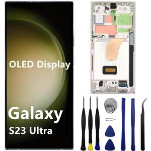 OLED for Samsung Galaxy S23 Ultra Screen Replacement S23ultra 5G S918U S918B/DS S918U1 S918W S918E LCD Display Touch Screen Digitizer Assembly Support Fingerprint and S-Pen (with White Frame+Tools)