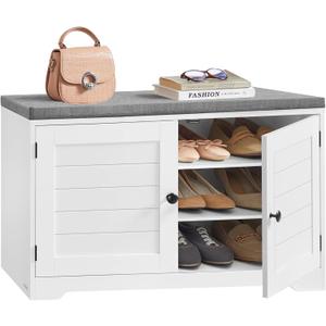 VASAGLE Shoe Storage Bench with Cushion, 3-Tier Entryway Bench with Padded Seat, Doors, Adjustable Shelves, 14 x 31.9 x 20.7 Inches, for Hallway, Bedroom, Cloud White and Dove Gray ULSB034W01