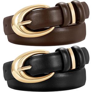 TRIWORKS 2 Pack Women Leather Belt for Jeans Pants Fashion Ladies Skinny Faux Leather Belt with Gold Buckle (Length:39.4''-Fit Waist Size 26"-31", Black+coffee)