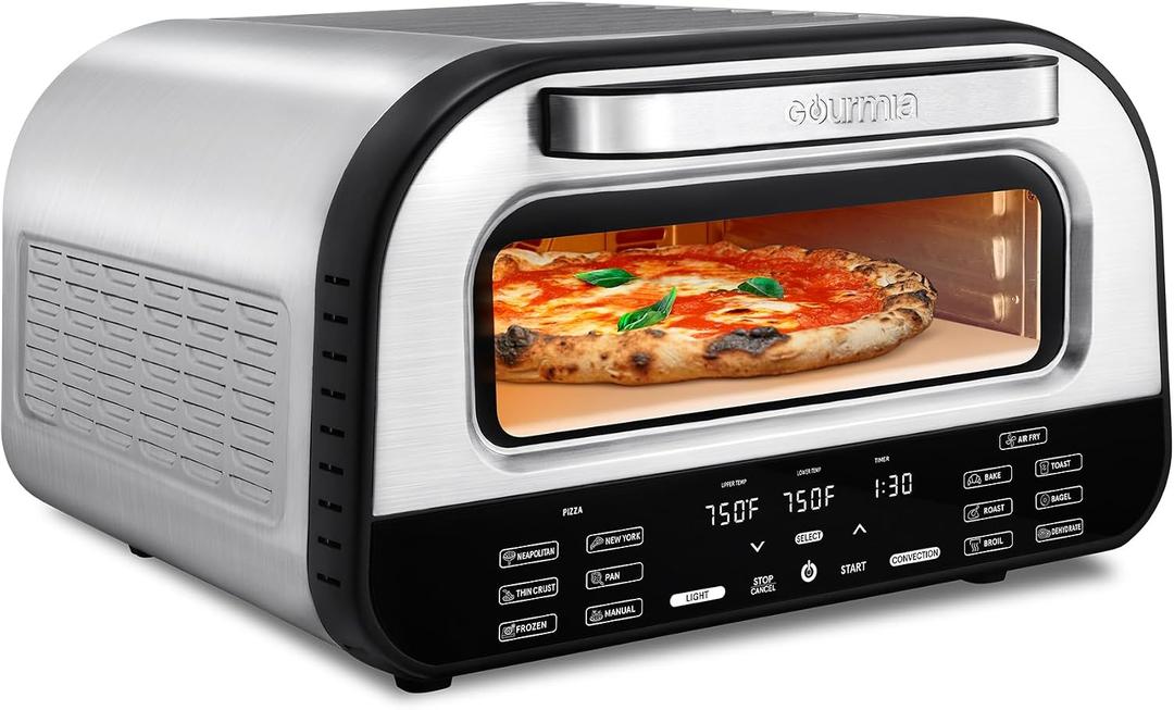Gourmia Indoor Pizza Oven Air Fryer Toaster 1800W Countertop Multi-Cooker with Pizza Stone, Digital Controls & 6 Presets, Stainless Steel, Compact