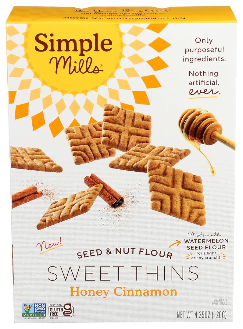 Simple Mills Honey Cinnamon Seed & Nut Flour Sweet Thins, Paleo Friendly & Delicious Sweet Thin Cookies, Good for Snacks, Nutrient Dense, 4.25oz, Pack of 1 (BBD: 10/12/2027)