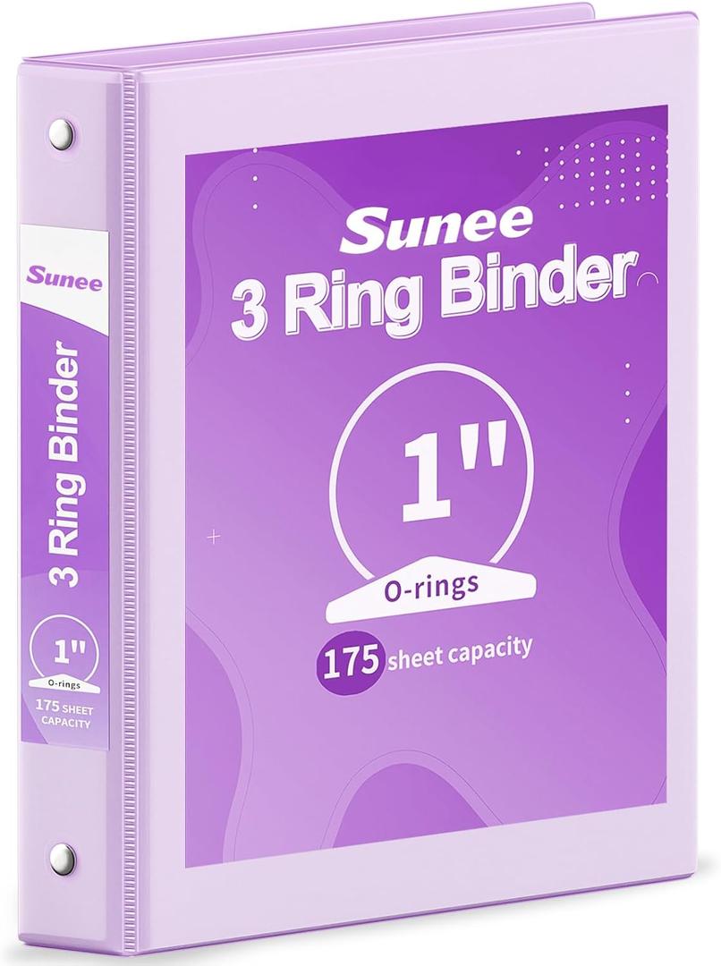 SUNEE Purple Binder 1 Inch 3 Ring 1 Pack, Holds 175 Sheets of Letter Paper, Clear View 1" Three Ring PVC-Free (Fit 8.5x11 Inches) for School or Office Supplies