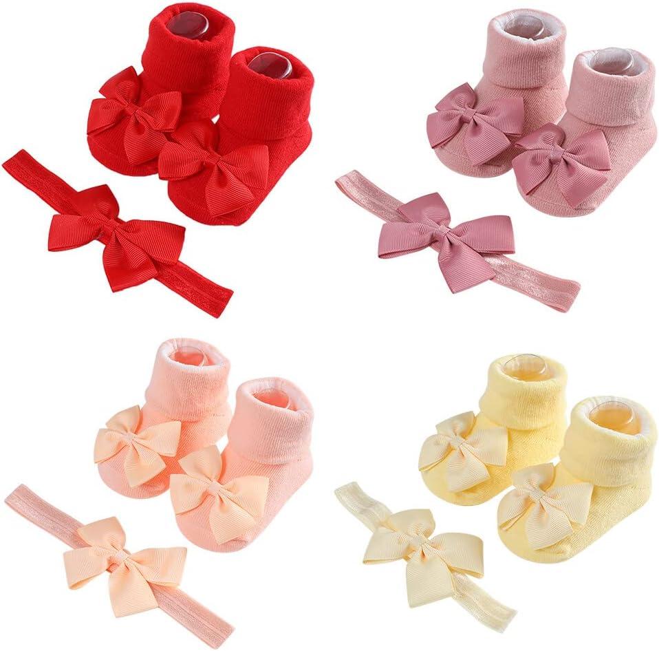 4 Sets Baby Girls Bows Headbands and Socks Nylon Hairbands Ribbon Bow for Newborns Infants Toddlers and Kids (Type 1)