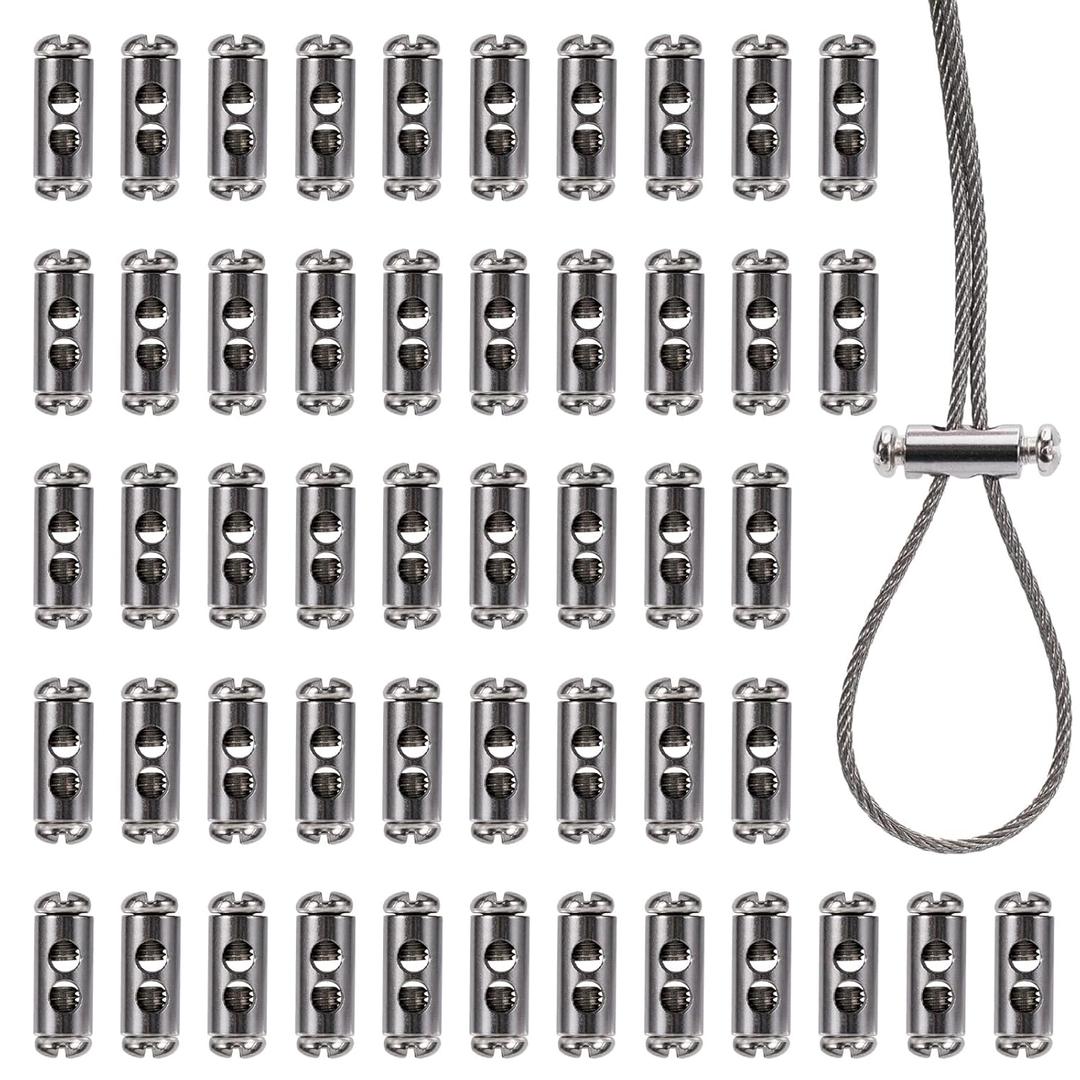 50 Pcs Wire Rope Cable Clip Clamp, M4 Double Hole Wire Rope Lock Clip with End Screw Stopper, Cable Clamps for 1-2.5mm Wire Rope Cable for Outdoors and Indoors