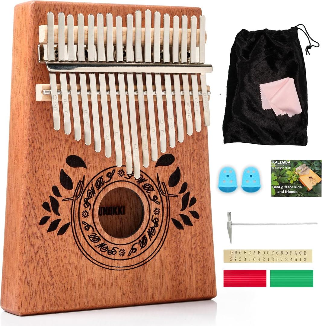 17-Key Kalimba Thumb Piano - Holiday Stocking Stuffer & Fun Gifts - Portable Mahogany Percussion Instrument - Christmas Gift Beginner Tuning Set, Music Instruments for Kids - Mbira, Light Brown