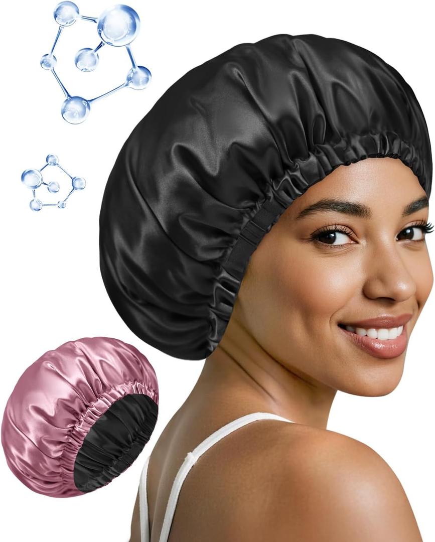 10 x BONNET QUEEN Silk Bonnet for Sleeping Hyaluronic Acid Satin Bonnet, Double Layer Hair Wrap for Curly Hair Women Sleep Cap (Black & Rosegold)