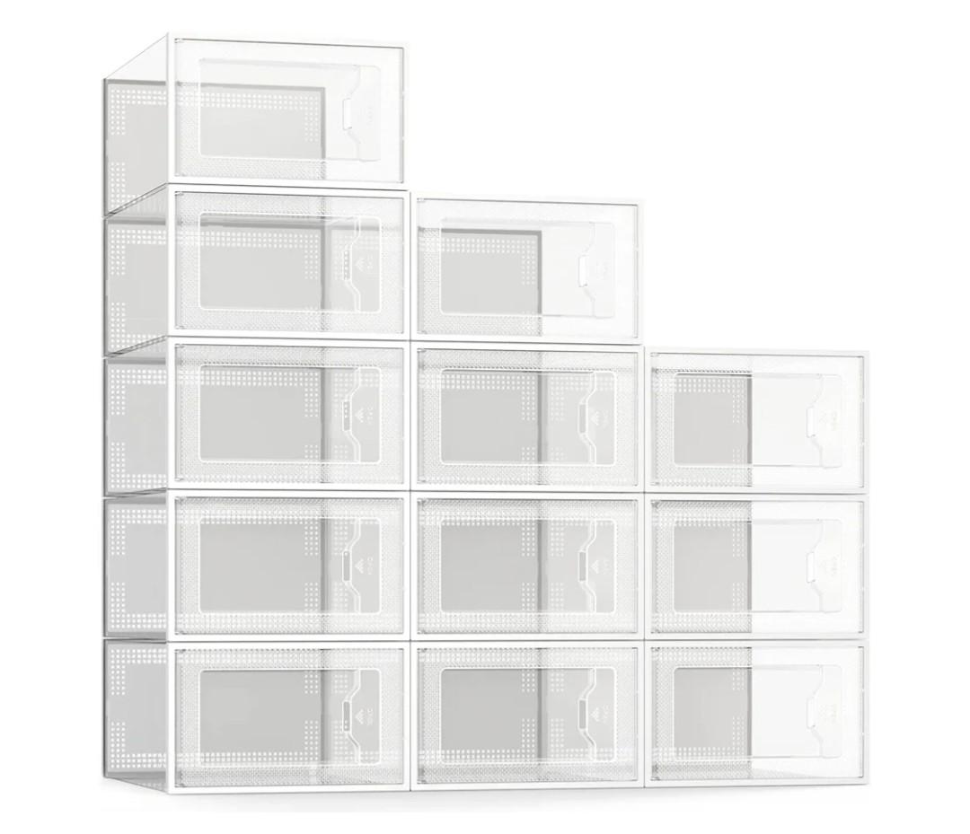SEE SPRING 12 Pack Shoe Storage Box, Clear Plastic Stackable Shoe Organizer for Closet, Space Saving Foldable Shoe Rack Sneaker Container Bin Holder