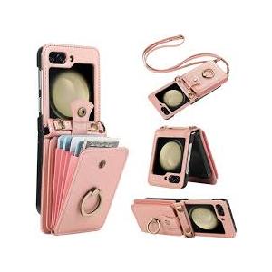 Asuwish Phone Case for Samsung Galaxy Z Flip 5 5G 2023 Wallet Cover with RFID Blocking Ring Crossbody Wrist Strap Stand Credit Card Holder Leather Cell ZFlip5 Z5 G Flip5 5Z Women Men Girls Rose Gold