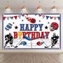 72x43inch Fabric Ice Hockey Happy Birthday Backdrop Helmets Sport Rink Theme Photography Background Kids Boys Game Party Decorations Photo Banner Props
