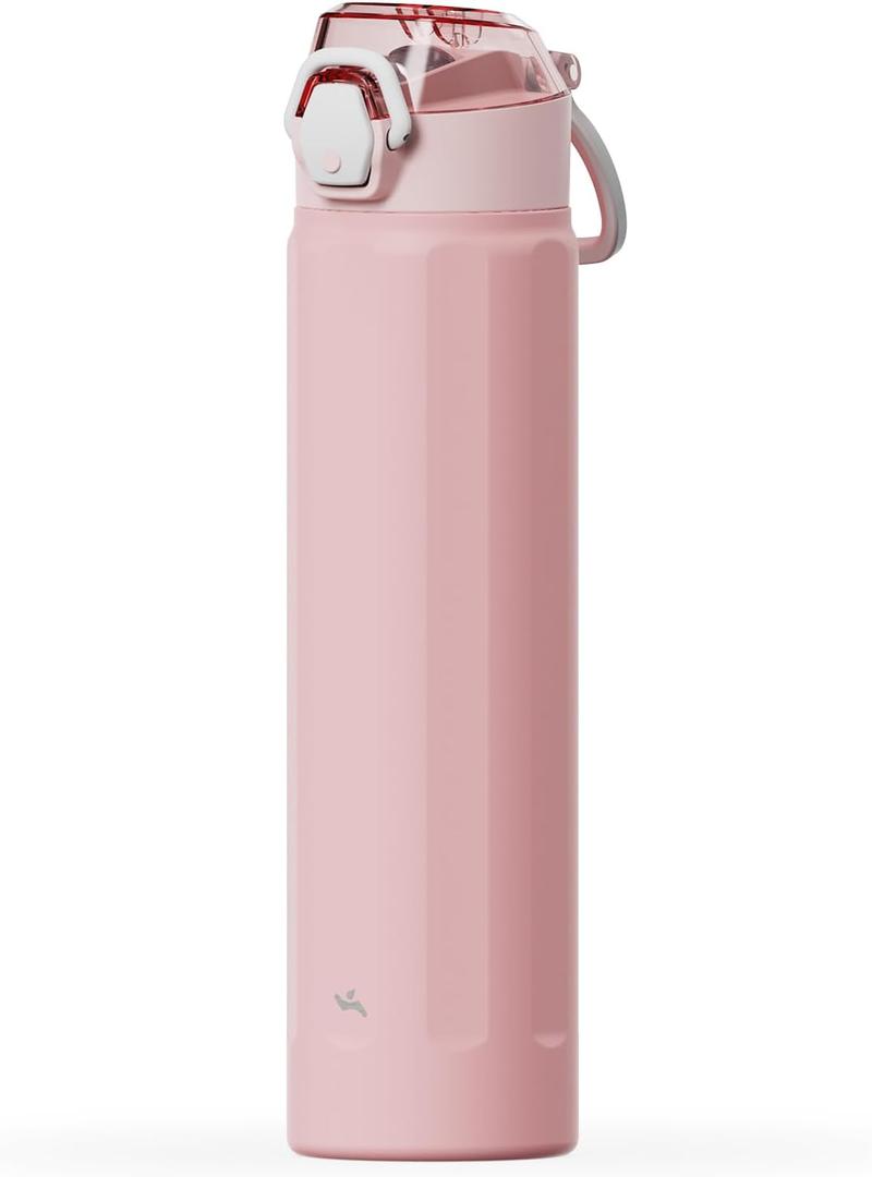 Konokyo FLOWPLAY 25oz Locking Push-Button Water Bottle with Silicone Spout,Leak-Proof,18/8 Stainless Steel Double-Wall Vacuum Insulated for Sports and Travel,BPA-Free,Pink