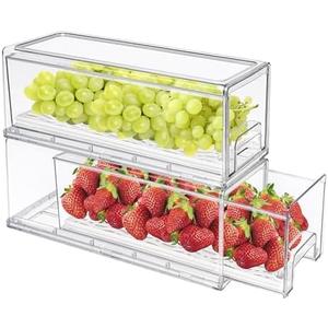 MANO 2Pack Clear Fridge Drawers Pull Out Stackable Refrigerator Drawer Organizer Bins Pantry Storage Box Plastic Food Containers for Kitchen Bathroom Office Closet(X-Small) (2S)