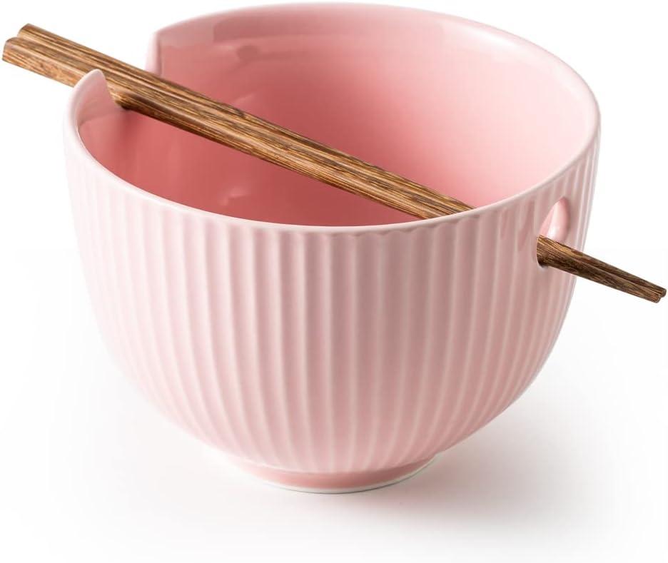 Ceramic Ramen Bowl with Matching Chopsticks, Soup Bowls for Udon Soba Pho Asian Noodles, Dishwasher and Microwave Safe, 28 oz (Bowl-Pink)